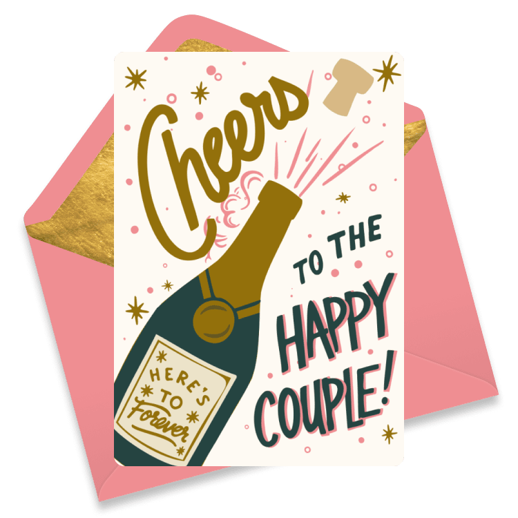 Festive wedding and anniversary eCard with a champagne bottle popping and the text 'Cheers to the Happy Couple! Here's to Forever' on a pink background.