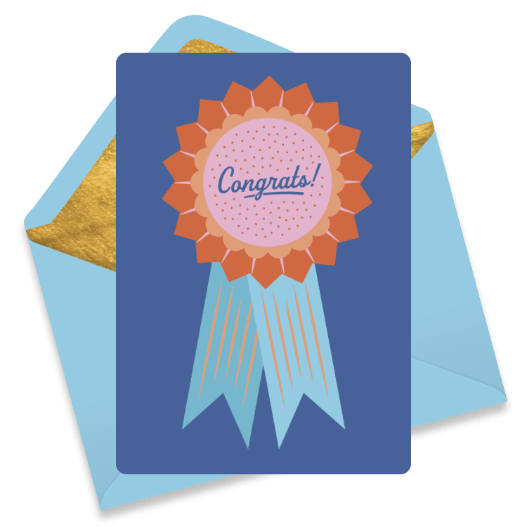 Blue congratulations eCard with a large orange rosette ribbon and the word “Congrats!”—clean, award‑style design for winners.