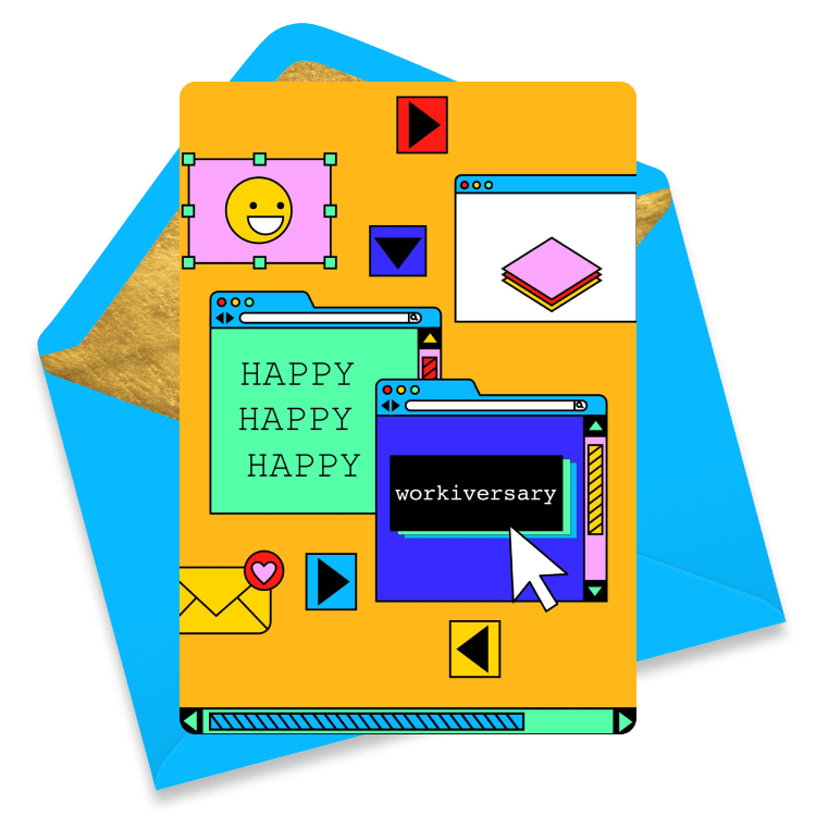 Colorful work anniversary eCard with a bright yellow background, playful icons, and computer windows displaying 'Happy Happy Happy' and 'workiversary'.