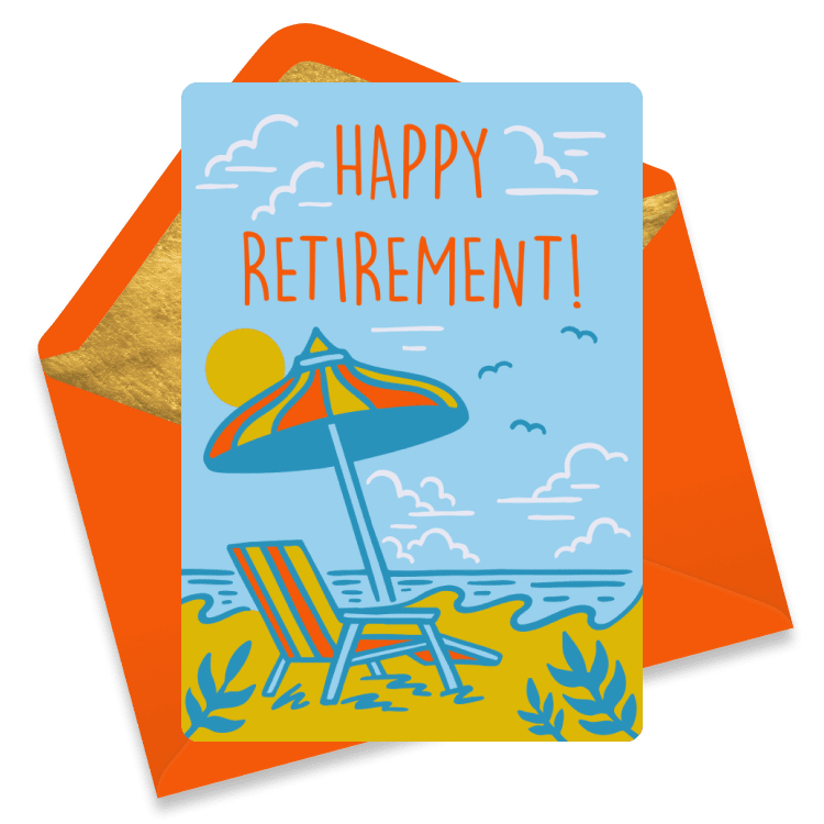 Colorful retirement eCard with a beach chair and umbrella on a sandy shore with the text 'Happy Retirement!'.