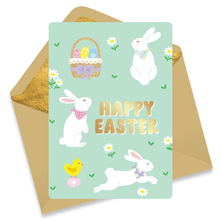 A festive Easter eCard featuring white bunnies, daisies, a chick, and a basket of eggs with 'Happy Easter' in gold letters on a pastel background.