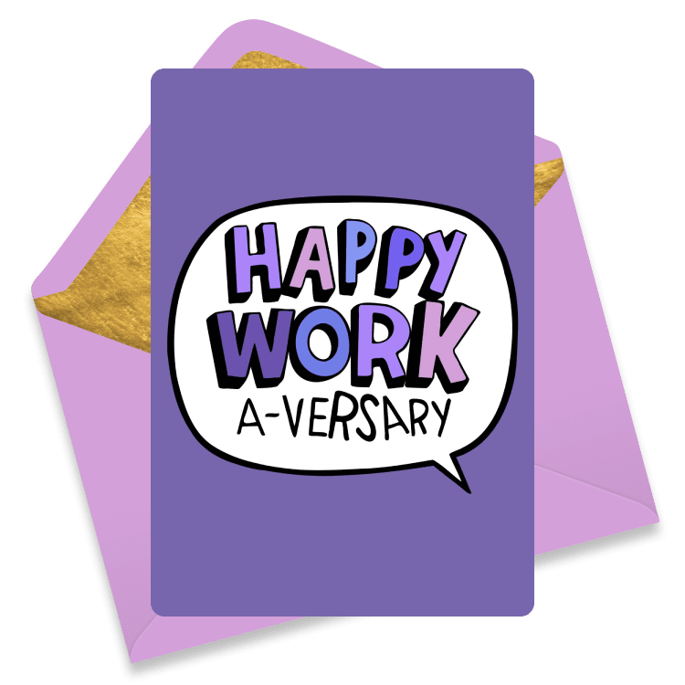 Cheerful eCard with a purple background and a speech bubble reading 'Happy Work A-Versary' in bold, playful font.