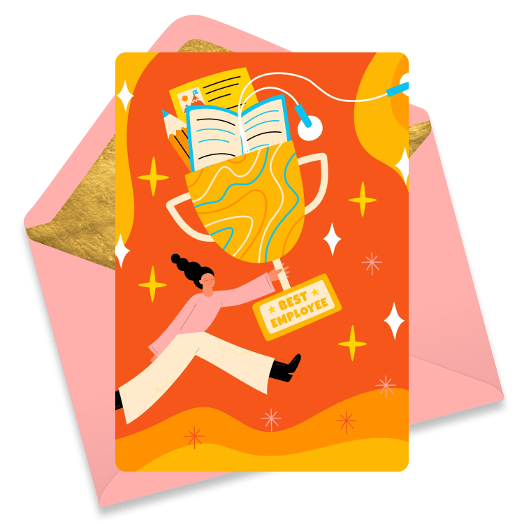 Vibrant eCard featuring a person running with a large trophy full of office items and a 'Best Employee' tag, set on an orange background.