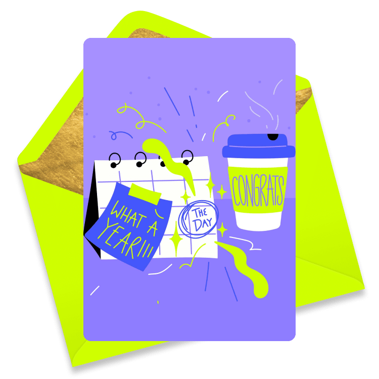 Bright eCard with a calendar page marked 'The Day', a note saying 'What a year!', a coffee cup labeled 'Congrats', and confetti on a purple background.