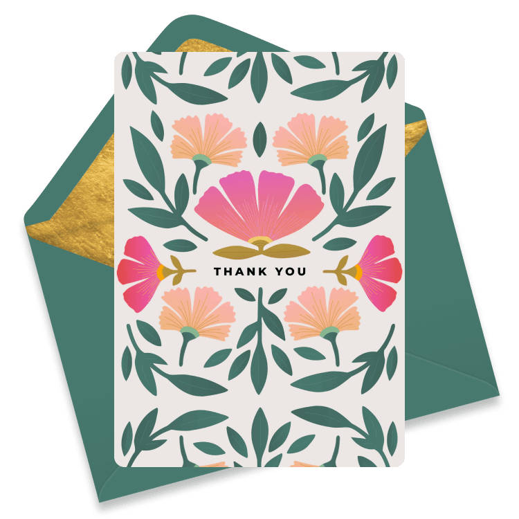 A floral thank you eCard with symmetrical pink, orange, and yellow flowers and leafy green branches on a light background.