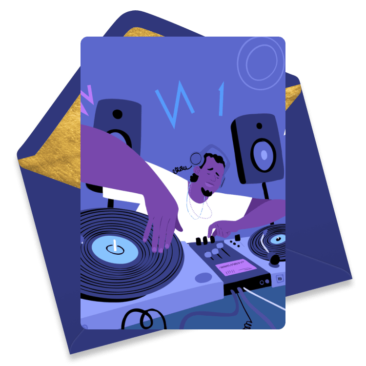 Illustrated welcome eCard of a DJ spinning records on turntables with vibrant purple and blue tones, symbolizing a lively welcome & onboarding eCard experience.