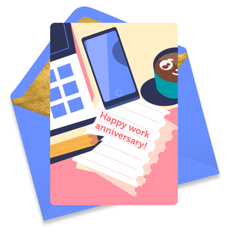 Bright eCard with an overhead view of a desk featuring a phone, notebook, pencils, and coffee, with a 'Happy work anniversary!' note.