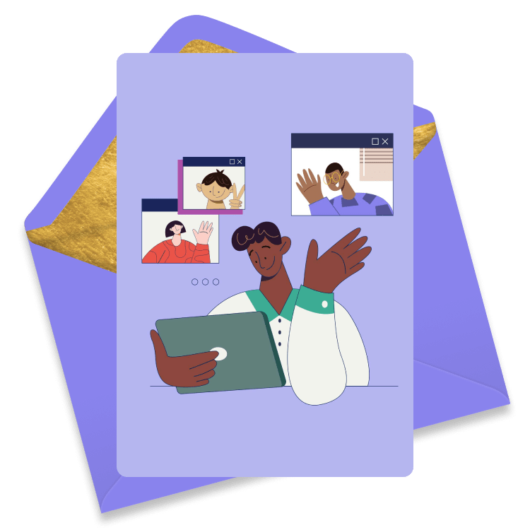 Illustrated work anniversary eCard with a person waving from a tablet and others waving from video call windows on a purple background.