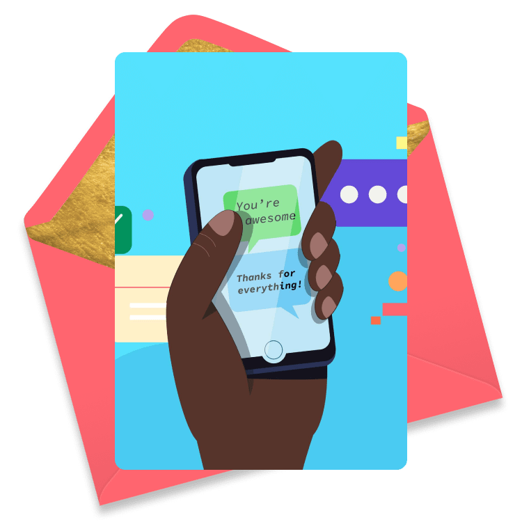 Colorful eCard with a close-up of a hand holding a smartphone showing messages: 'You're awesome' and 'Thanks for everything!'.