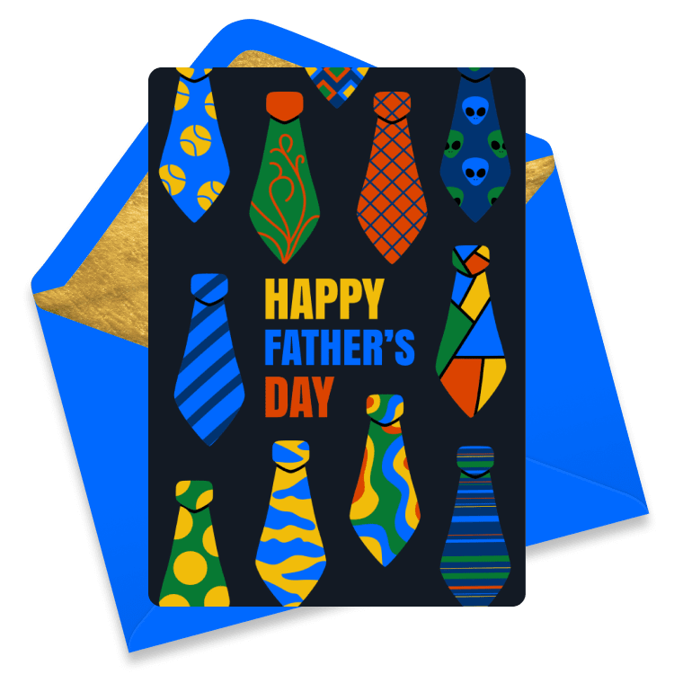 Father’s Day eCard featuring colorful patterned ties against a dark background, reading 'Happy Father’s Day'.