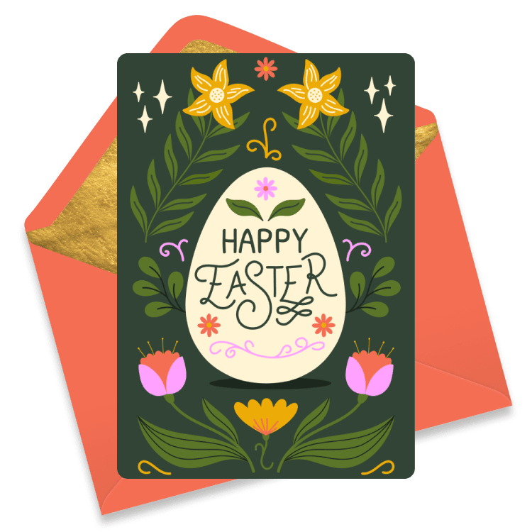 Easter eCard featuring a large decorative egg surrounded by yellow daffodils, tulips, and green leaves on a dark background.