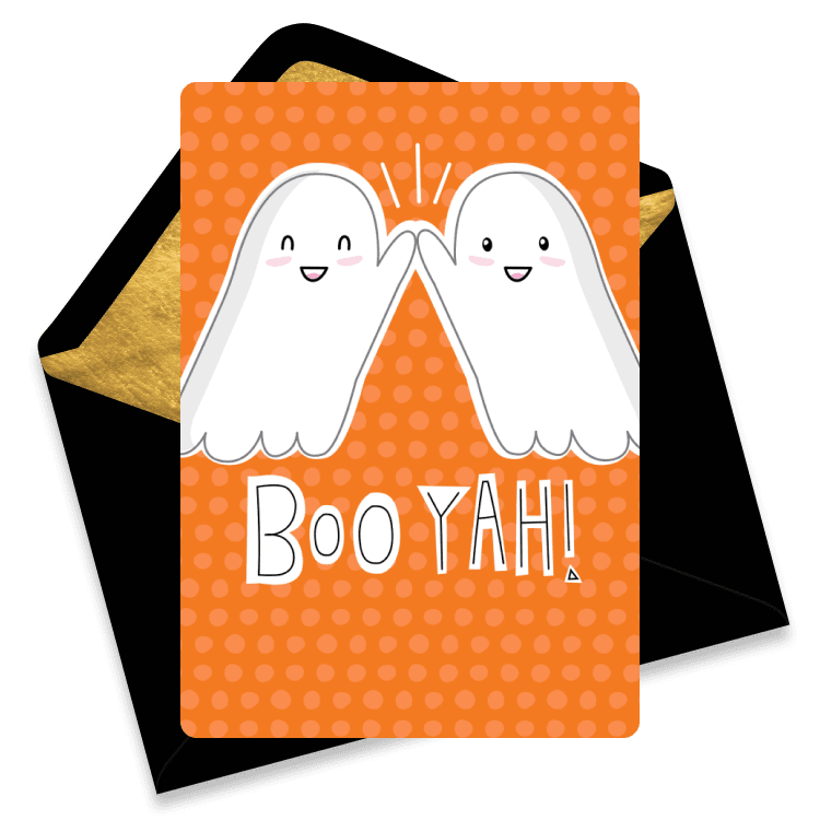 Halloween eCard with two cute white ghosts high-fiving, with the text 'Boo Yah!' on an orange polka dot background.