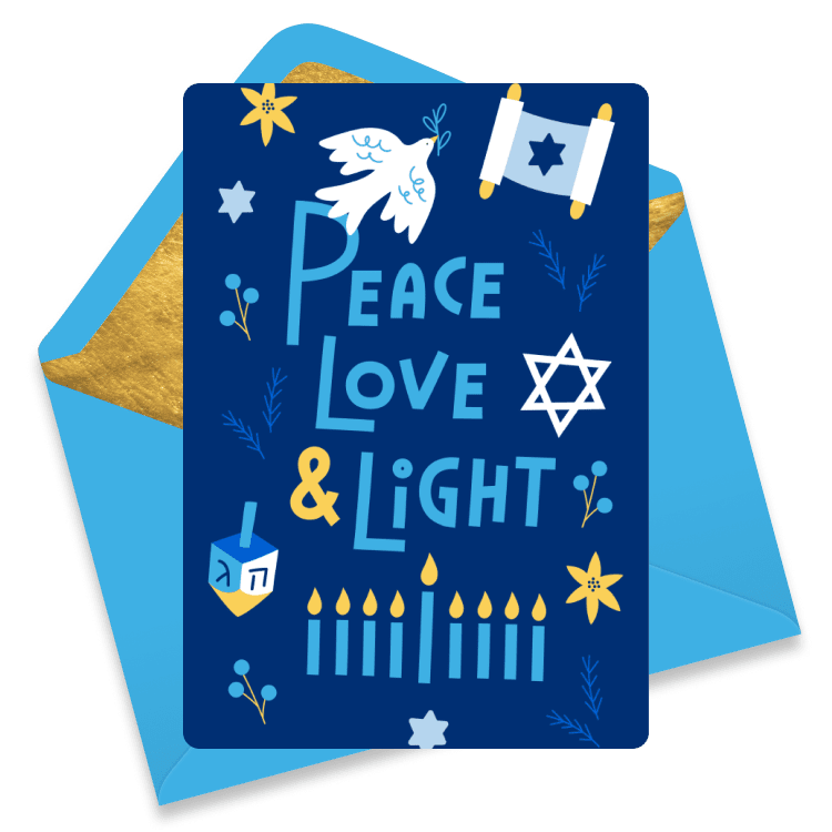 Hanukkah eCard with the words 'Peace Love & Light', decorated with menorah, dove, dreidel, and floral accents.