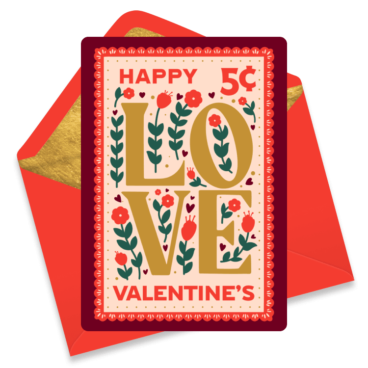Vintage-inspired Valentine’s Day eCard with bold gold letters spelling LOVE, decorated with red floral patterns.