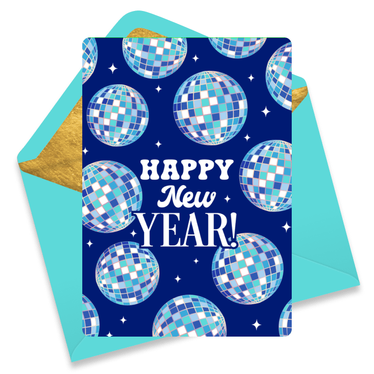 Blue New Year eCard patterned with silver disco balls and stars, featuring the words “Happy New Year!”