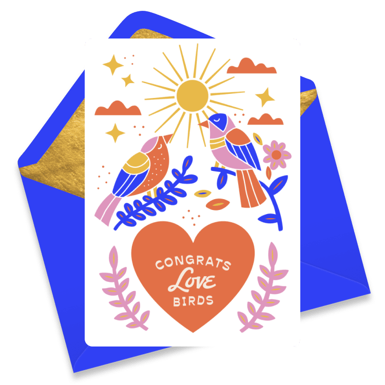 Romantic wedding eCard with two colorful birds facing each other under a shining sun, surrounded by flowers and the text 'Congrats Love Birds' inside a heart.