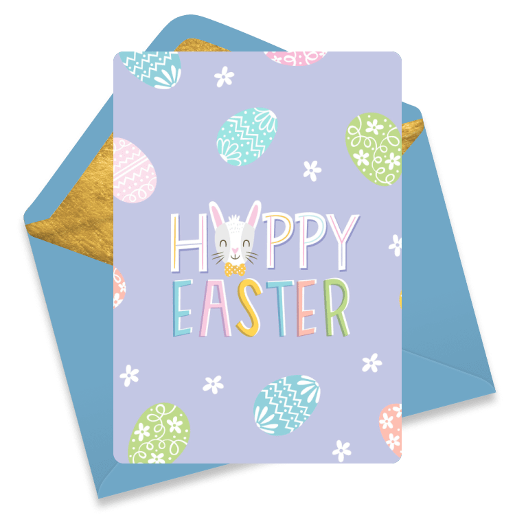 Easter eCard with pastel eggs, flowers, and a bunny face forming the words 'Happy Easter'.