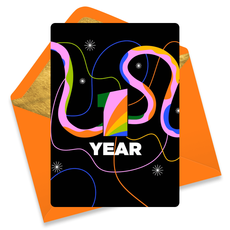Festive work anniversary eCard with a large number '1' in rainbow colors and the word 'Year' below, surrounded by colorful streamers on a black background.