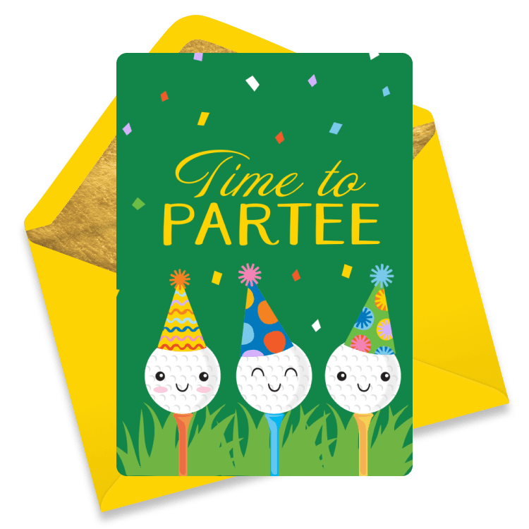 Playful retirement eCard with three smiling golf balls on tees wearing party hats, surrounded by confetti, with the text 'Time to Partee'.