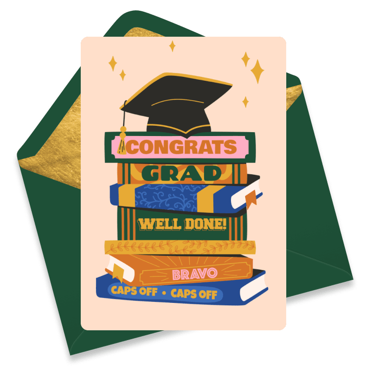 Graduation eCard with a stack of books, a graduation cap on top, and congratulatory messages like 'Congrats Grad' and 'Well Done!'.