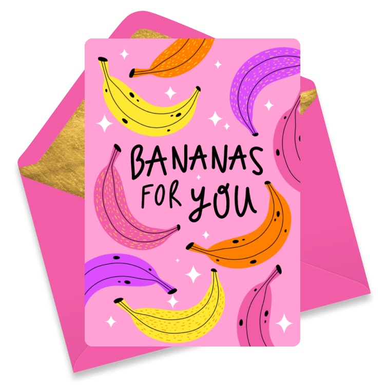 Bright love eCard with colorful bananas and the phrase 'Bananas For You'.
