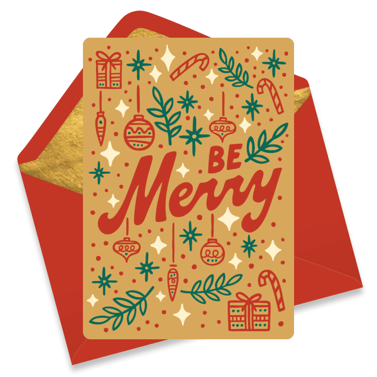 Gold Christmas eCard with the phrase 'Be Merry' surrounded by festive illustrations of gifts, ornaments, candy canes, and greenery.