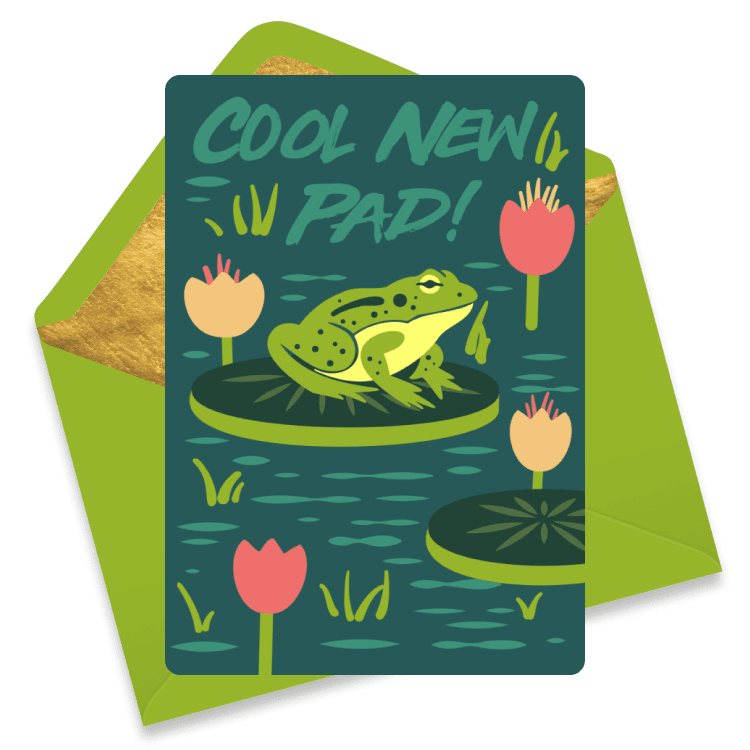 Playful welcome eCard with a frog sitting on a lily pad among flowers, with the text 'Cool New Pad!' in bold lettering above.