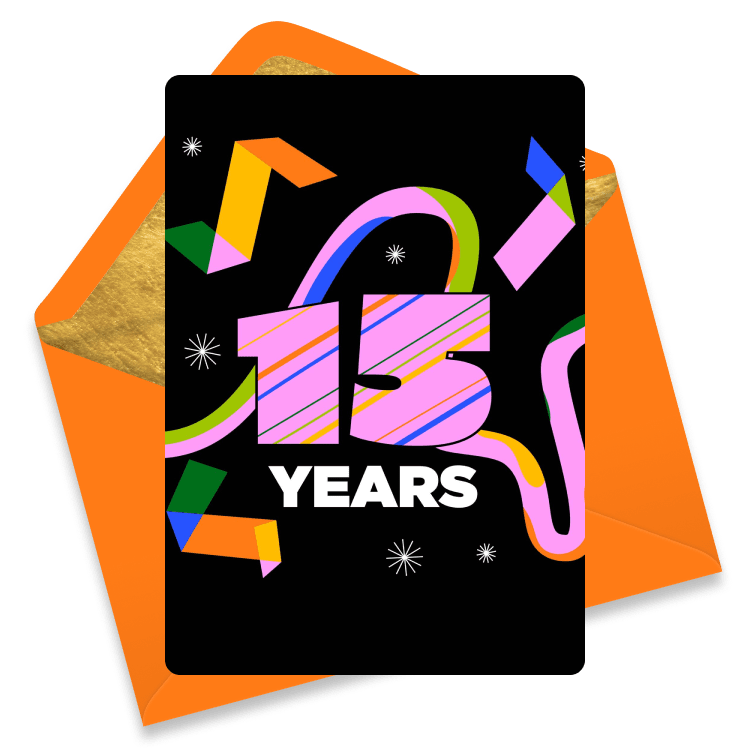 Colorful work anniversary eCard celebrating 15 years with large pink and striped '15', the word 'Years' below, and confetti on a black background.