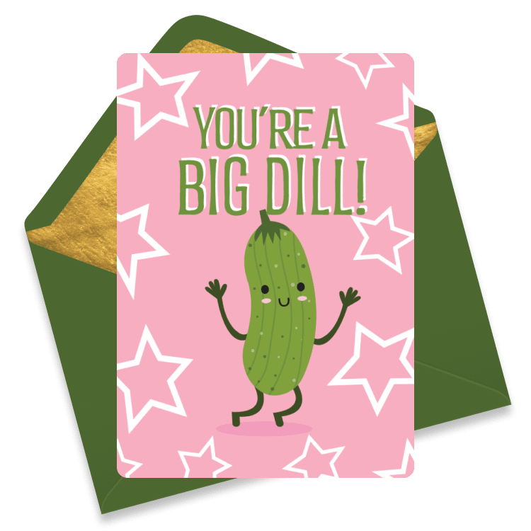 Playful eCard with a smiling dancing pickle on a pink star-patterned background and the text 'You're a Big Dill!'.