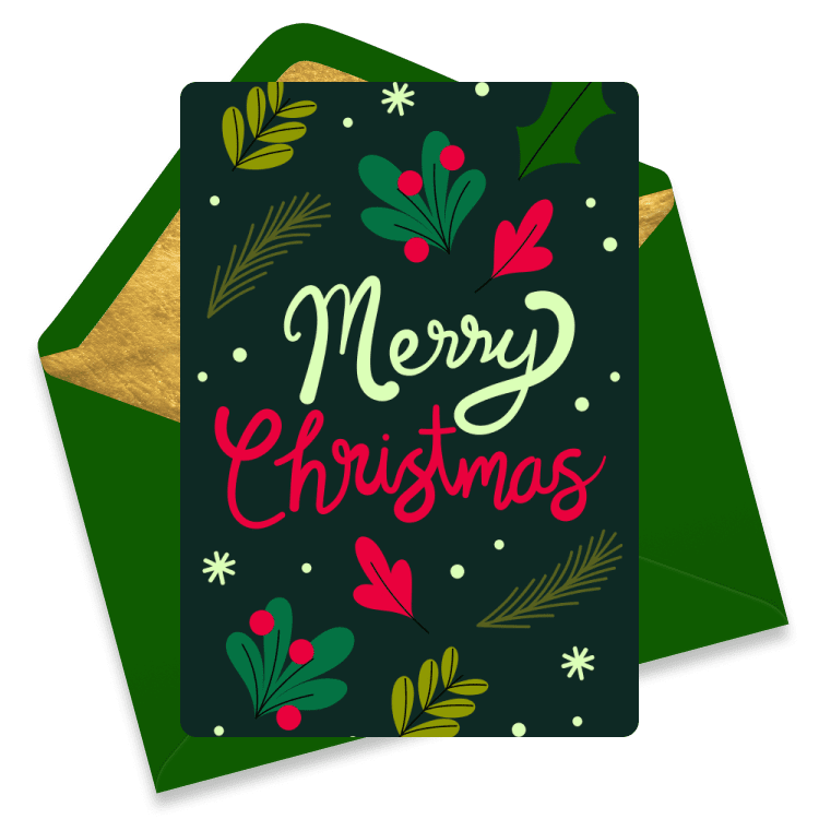 Christmas eCard with green background, holly, mistletoe, and hearts, featuring the words 'Merry Christmas'. Green envelope.