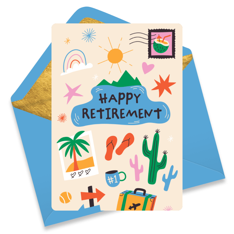 Whimsical retirement eCard with travel-themed illustrations including a suitcase, palm tree, cacti, flip flops, and the text 'Happy Retirement'.