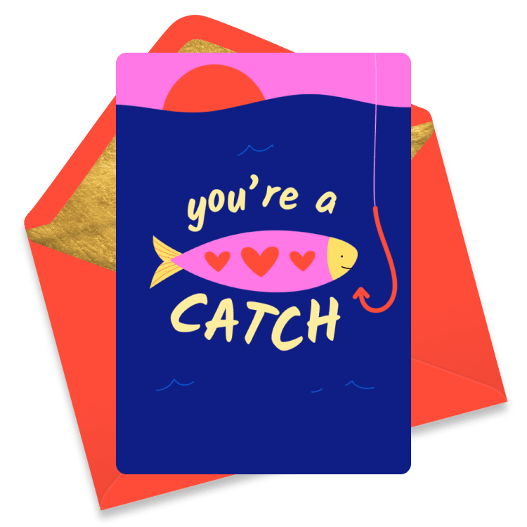 Fun romantic eCard with a fish, hearts, and a hook reading 'You’re a Catch'.