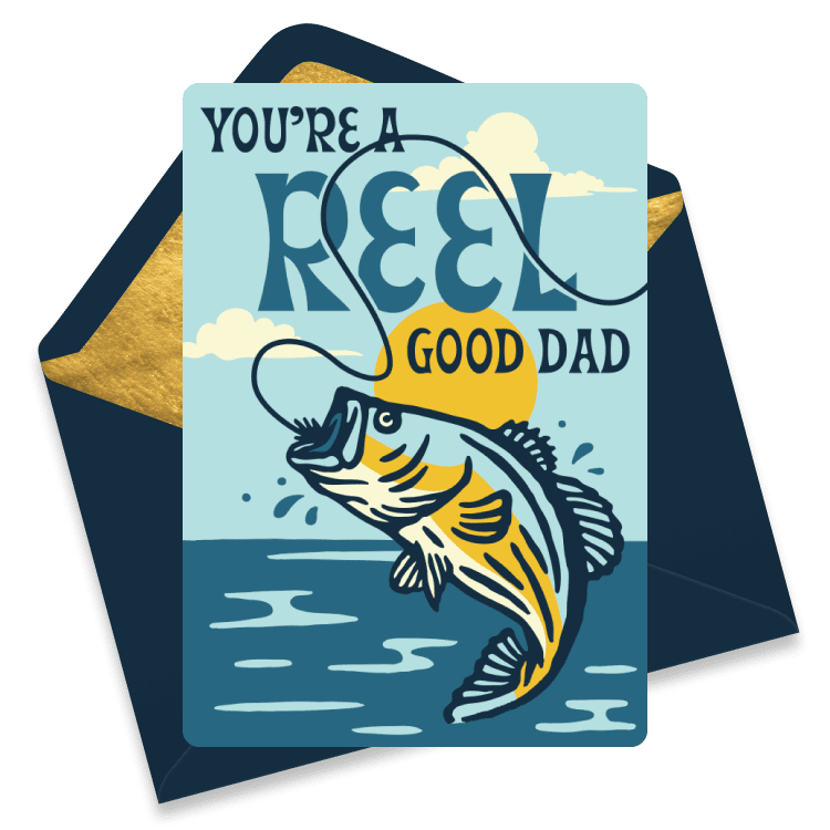 Father’s Day eCard with a fish jumping out of the water and the text 'You’re a Reel Good Dad' against a sunny background.
