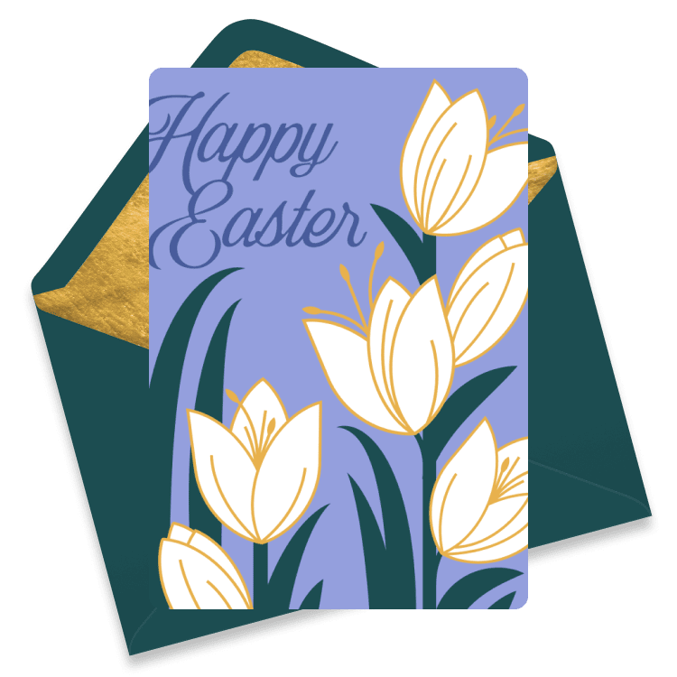 Easter eCard with white and yellow flowers on tall green stems against a soft purple background, reading 'Happy Easter'.