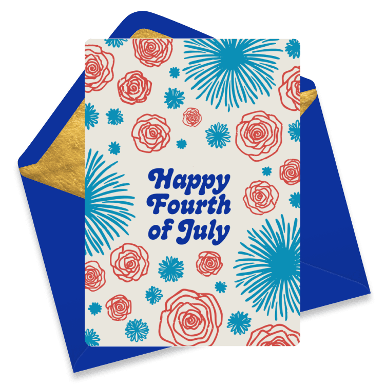 4th of July eCard with red flowers, blue fireworks, and white background, reading 'Happy Fourth of July'.