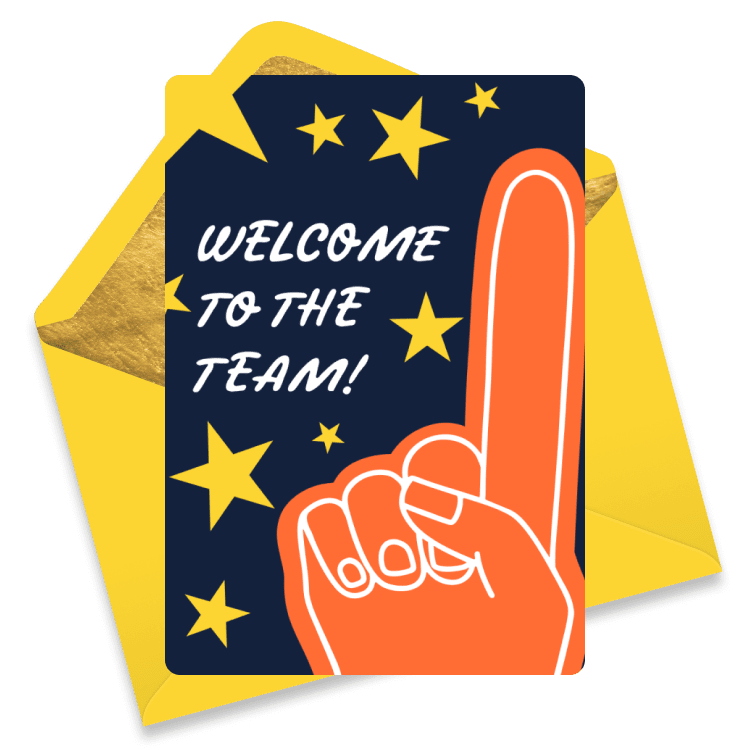 Energetic welcome eCard with a foam finger illustration, yellow stars, and the text 'WELCOME TO THE TEAM!' on a dark background.