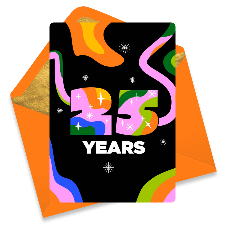 Festive eCard marking 25 years of service with large colorful '25', sparkling stars, and swirling shapes on a black background.