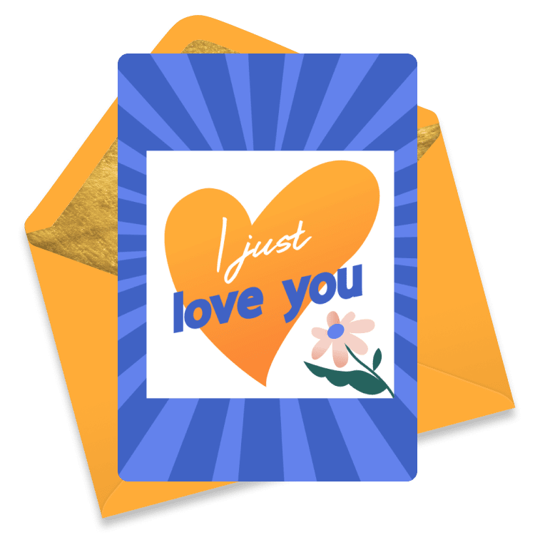 Minimalist love eCard with a pink flower and a large heart and the phrase 'I Just Love You'.