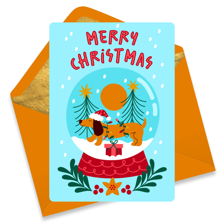 Christmas eCard with a dachshund in a Santa hat inside a snow globe with trees, stars, and the words 'Merry Christmas'. Orange envelope.