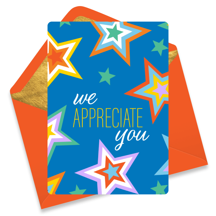 Bright star-themed staff appreciation day eCard with the phrase “We appreciate you” in colorful, playful lettering.