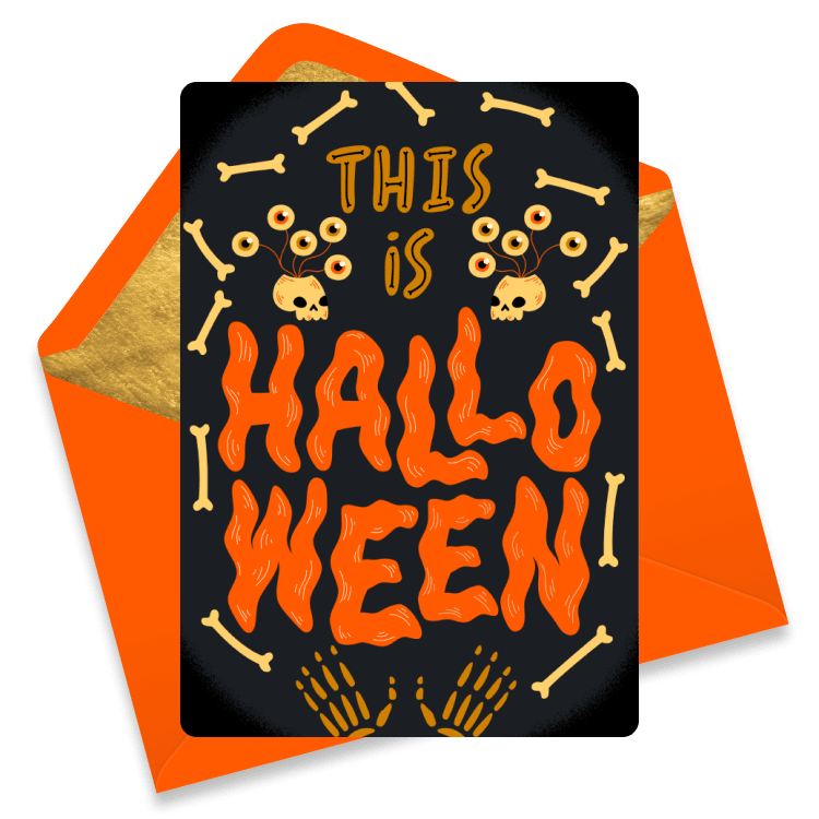 Halloween eCard with skulls, bones, and orange spooky text reading 'This is Halloween'.