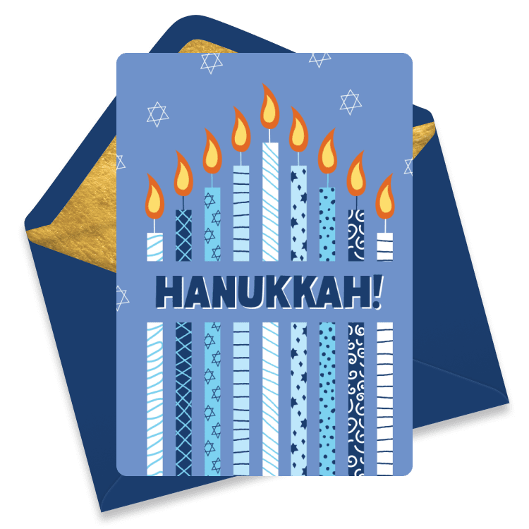 Blue Hanukkah eCard with patterned menorah candles lit with yellow flames.