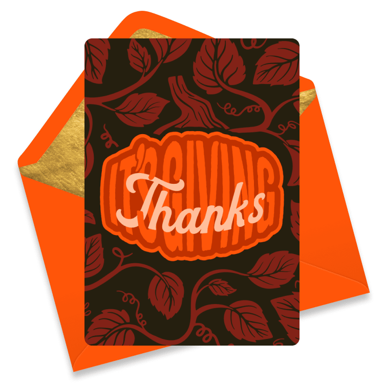 Elegant Thanksgiving eCard featuring a pumpkin-shaped “It's Giving Thanks” with leafy vines on a dark background; autumn gratitude message.