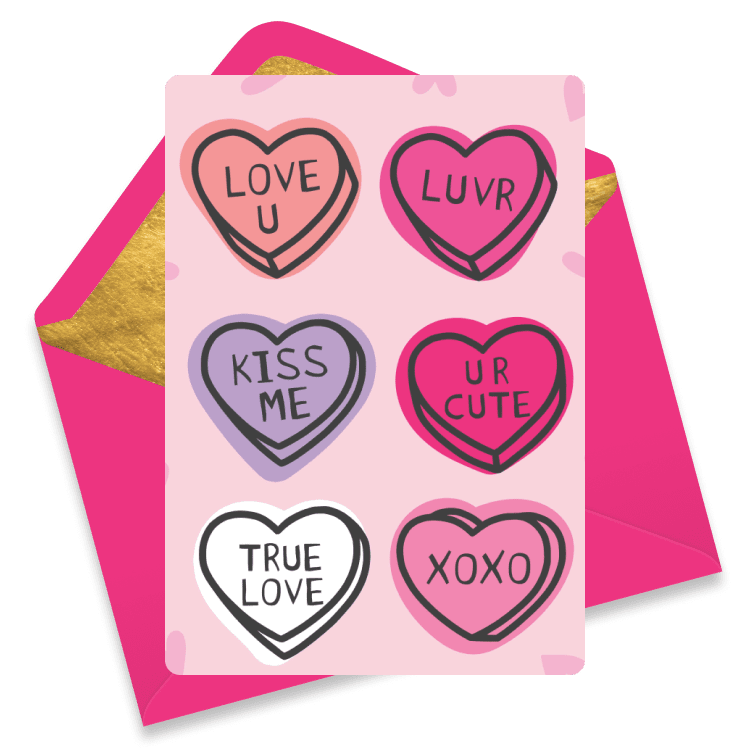 Valentine's Day eCard featuring colorful candy hearts with messages like 'Love U', 'Kiss Me', and 'True Love'.