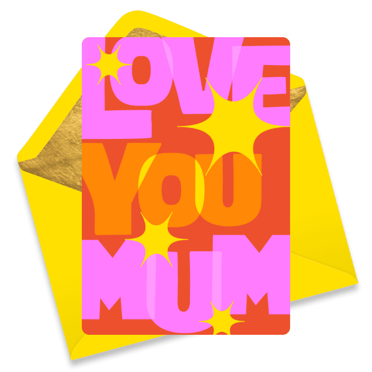 Bold and colorful Mother's Day eCard with large retro text reading 'Love You Mum'