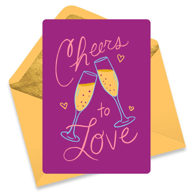 Romantic wedding eCard with two clinking champagne flutes on a purple background, surrounded by hearts and the text 'Cheers to Love'.