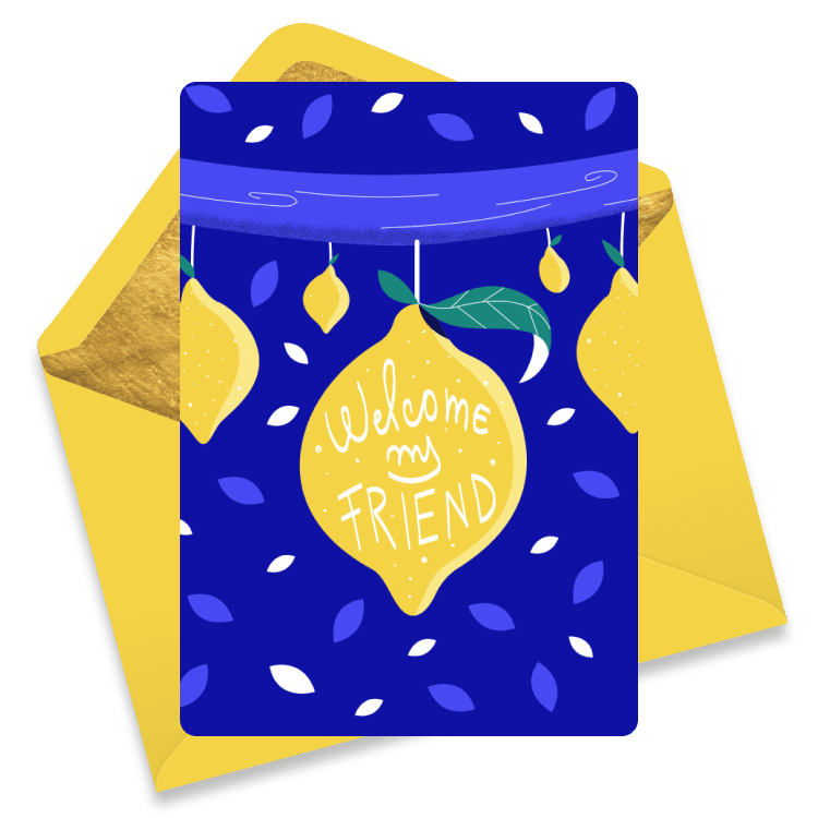 Cheerful welcome eCard with a lemon-themed design on a blue background, featuring the text 'Welcome my Friend' on a large central lemon.