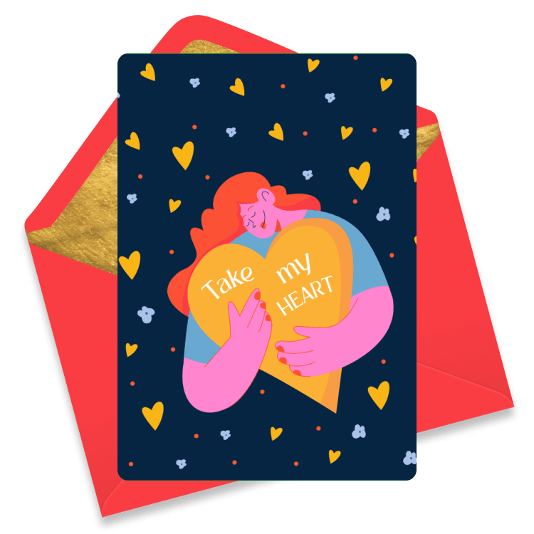 Romantic eCard with a person holding a heart and the words 'Take My Heart'.