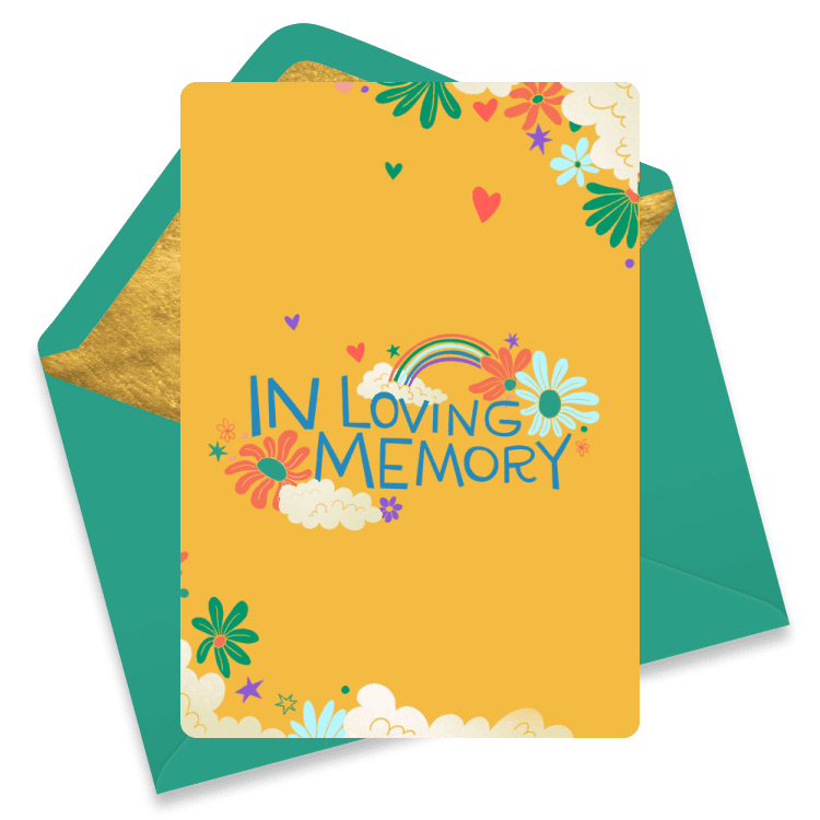 A memorial card with flowers, hearts, and a rainbow that reads 'In Loving Memory'.