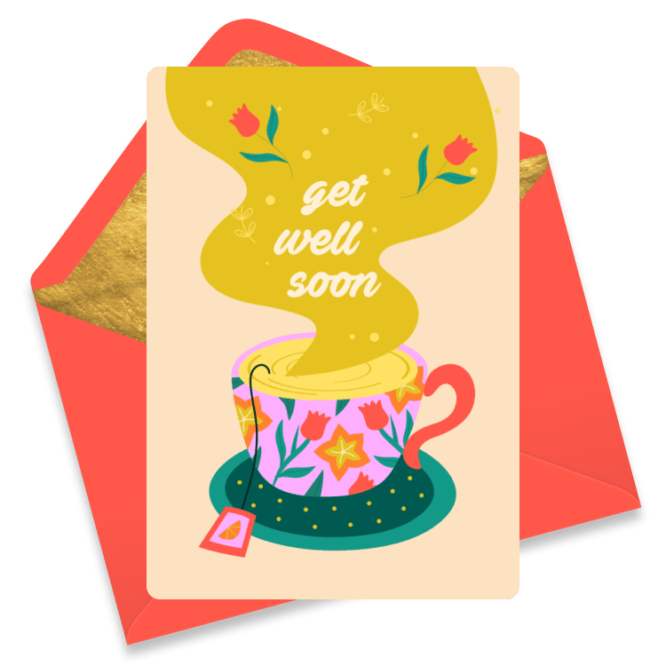 A cheerful get well soon eCard with a floral teacup releasing steam that spells 'get well soon' in yellow with a red envelope background.